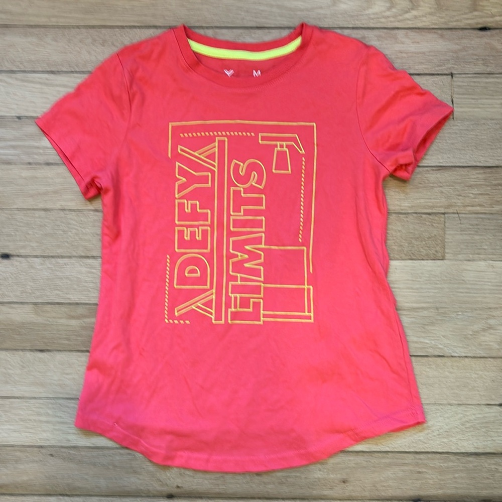 Quick-Dri Girls Size 10/12 “Defy Limits” Cotton T, chartreuse green & orange